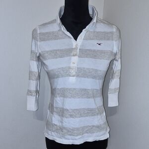 Hollister White and Tan Striped Button Down Shirt